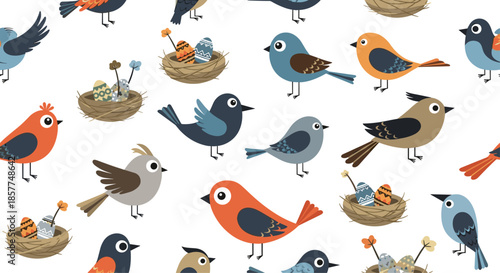 A seamless and cheerful pattern with a variety of colorful cartoon birds and nests filled with decorative Easter eggs for spring.