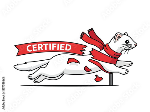 A cartoon illustration of a white weasel or ferret running through a red 'CERTIFIED' banner, wearing a red scarf.