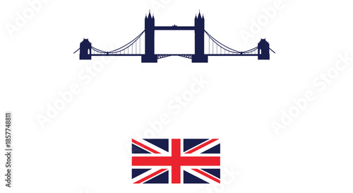Minimalist graphic design featuring a dark blue silhouette of London's iconic Tower Bridge and the national flag of the United Kingdom.
