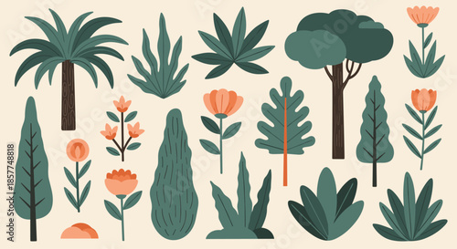 Beautiful collection of various stylized flat vector illustrations of trees, plants, and flowers, perfect for nature-themed designs.