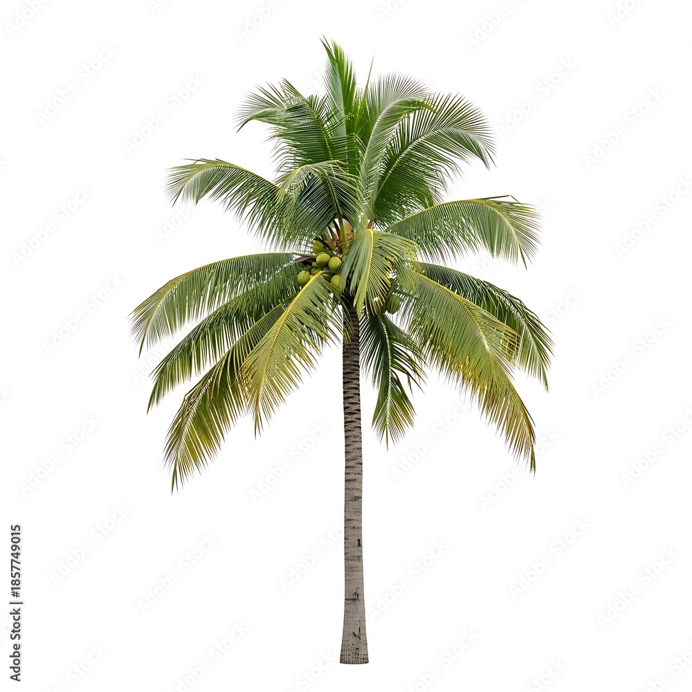Obraz premium Isolated tropical palm tree with coconuts stands tall on a white background.