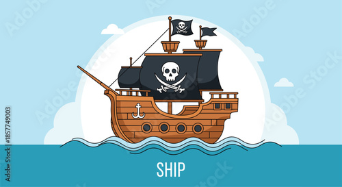 Cartoon vector illustration of a wooden pirate ship with black sails and a Jolly Roger flag sailing on the blue sea with clouds.