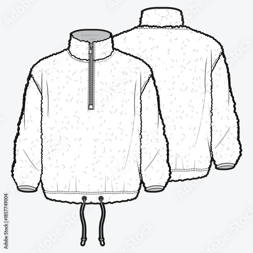 Turtleneck fleece jacket design technical flat sketch vector mockup template.