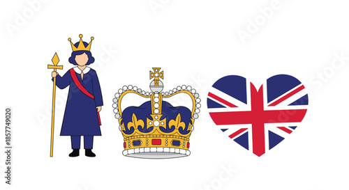 Set of British royal and national symbols, including a monarch figure, the St Edward's Crown, and a Union Jack heart icon vector.