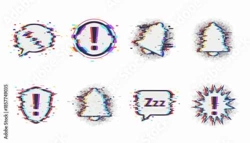 Glitch effect notification icons set.