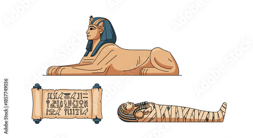 Collection of ancient Egyptian cultural icons, including the Great Sphinx, a papyrus scroll, and a mummy in a sarcophagus vector.