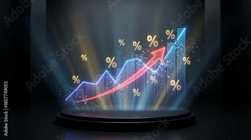 A blue digital monitor displays a red stock market graph and financial data chart alongside a medical heartbeat ECG line to symbolize business growth and technology success