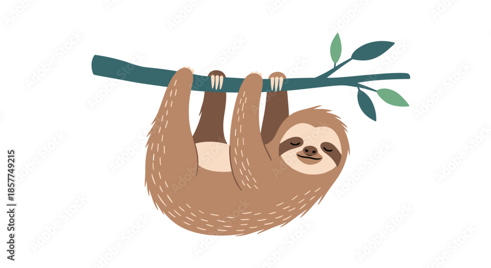 Obraz premium Adorable cartoon sloth hanging from a tree branch with a sweet, sleepy expression, illustrated in a charming flat vector style.