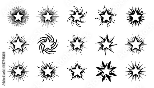 Ink splash star icons set with dynamic motion lines