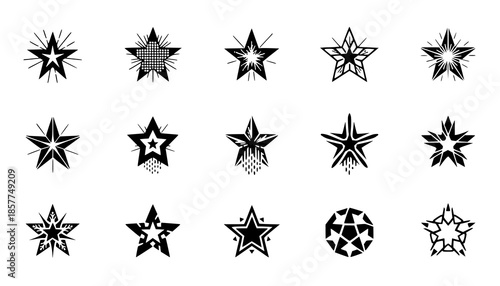 Star symbols with sunburst rays and geometric patterns