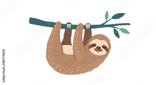 Adorable cartoon sloth hanging from a tree branch with a sweet, sleepy expression, illustrated in a charming flat vector style.