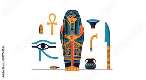 Collection of ancient Egyptian symbols and artifacts, including a pharaoh's sarcophagus, the Eye of Ra, ankh, and canopic jars.