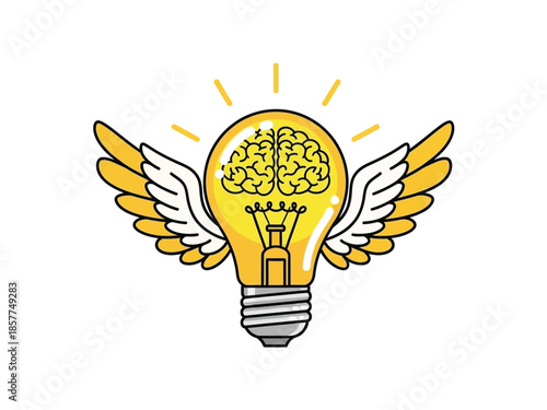 A bright yellow light bulb with a brain inside and white and yellow wings, symbolizing a brilliant idea or innovation.