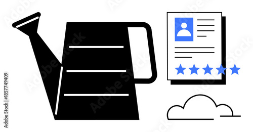 Watering can beside profile documents with star ratings and a cloud. Ideal for employee development, digital identity, recruitment, personal growth, online ratings, cloud storage, skill improvement