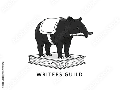 A black tapir with a saddle stands on a book, holding a pen in its mouth, with "WRITERS GUILD" text below.