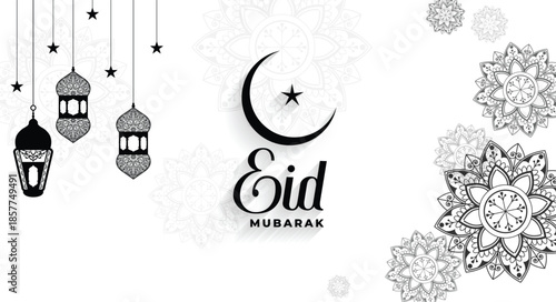 Eid mubarak background with graceful floral background and hanging lantern