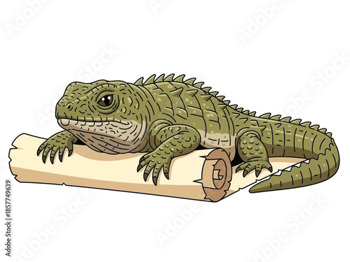A green, scaly reptile, resembling a lizard or tuatara, resting on an old parchment scroll.