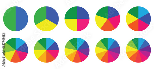 Pie chart color icons. Segment slice sign. Circle section graph. Set of colorful pie charts. Colorful pie charts with varying segments.  Circle chart, circle sections and round donuts chart pieces. 