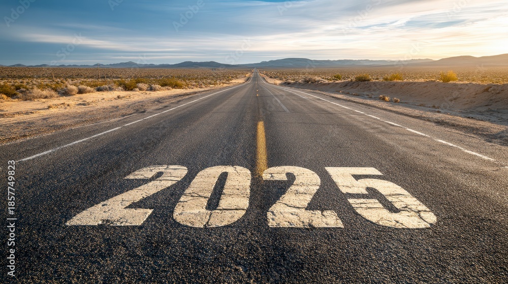 Naklejka premium Long asphalt road with the year 2025 painted prominently, leading towards a sunlit horizon in a vast desert landscape