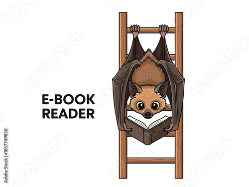 A cute cartoon bat hanging upside down from a wooden ladder while reading an e-book, with "E-BOOK READER" text.