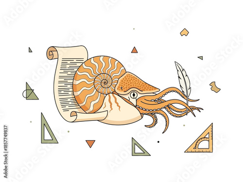 An artistic illustration of a nautilus shell with tentacles emerging, holding a scroll and a quill, surrounded by geometric shapes.