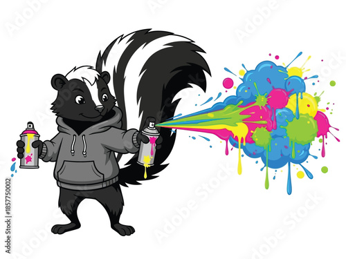 A cartoon skunk in a grey hoodie spraying vibrant, colorful graffiti paint from two cans.
