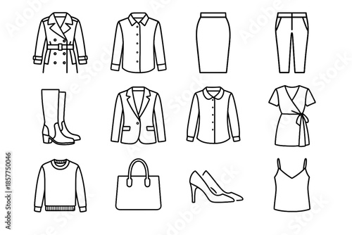 White wrap icon wardrobe sweater cotton blouse wool skirt trench timeless vector