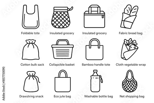 Bag jute washable insulated icons grocery shopping fabric bottle collapsible vector reusable