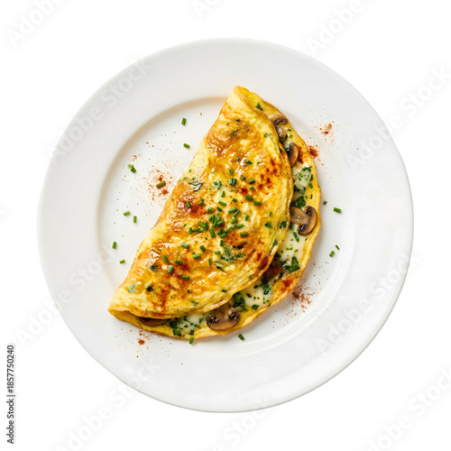 Fresh vegetable omelette served on white plate isolated on transparent background.
