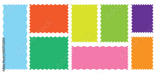 Zig zag wavy shape frames. Circles and rectangles with wavy zigzag edges. zigzag Vector wavy rectangles with grain texture, irregular colorful text boxes.  Set of wavy edge frames. 