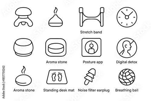 Breathing stretch wellness set icon massager vector mini mat standing noise desk