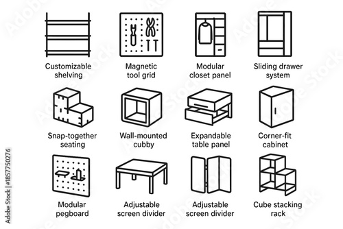 Icons drawer modular system screen table adjustable living cubby lighting vector icon