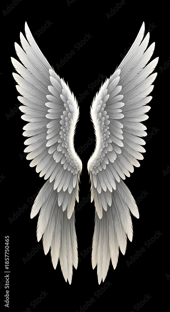 Fototapeta premium White feathered wings displayed against a solid black background.