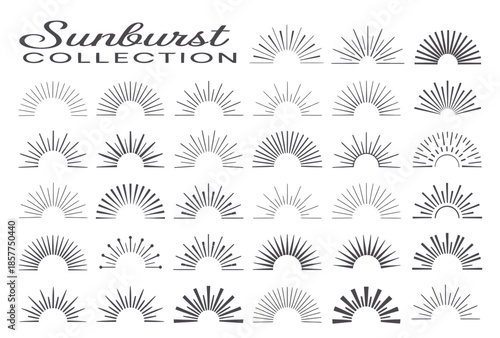 bursting sun rays, vintage sunburst collection, fireworks, logotype or lettering design element, and radial sunset beams for retro posters, hipster badges, and ornamental graphic frames.