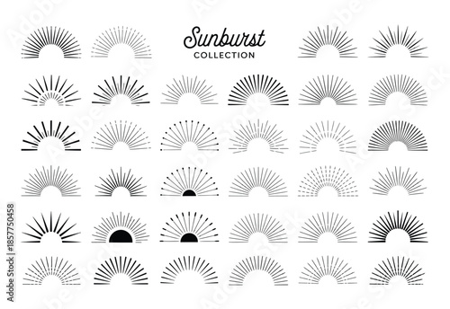 bursting sun rays, vintage sunburst collection, fireworks, logotype or lettering design element, and radial sunset beams featuring explosive light lines, starburst shapes, and hand drawn sparkle effec