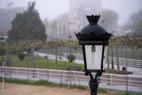 Wrought iron lamppost in a public park with broken glass due to vandalism. Close up lamp.