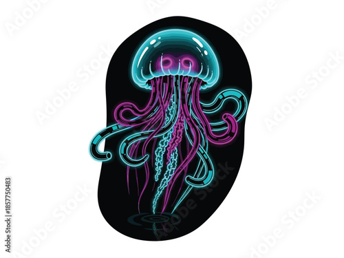 Vibrant neon glowing jellyfish illustration with blue and pink tentacles on a dark background.