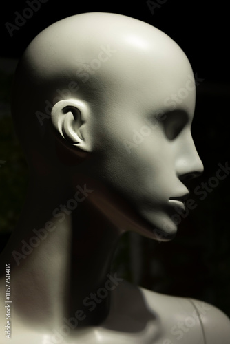 Close-up detail of a mannequin's face in a shop window with strong shadows and lights.