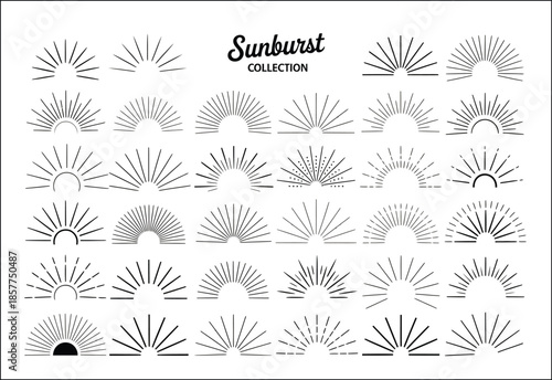 bursting sun rays, vintage sunburst collection, fireworks, logotype or lettering design element, and radial sunset beams featuring explosive light lines, starburst shapes, and hand drawn sparkle effec