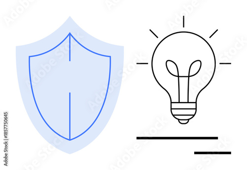 Security, innovation, technology, protection, creativity, intellectual property. Shield icon next to a light bulb outline. Security and innovation concepts visually
