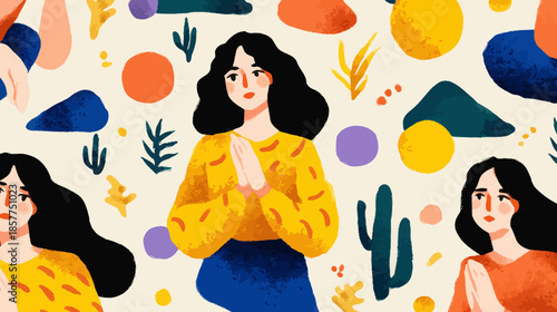 Textured illustration of a woman meditating with clasped hands, surrounded by abstract shapes and botanical elements. Peaceful mindfulness.