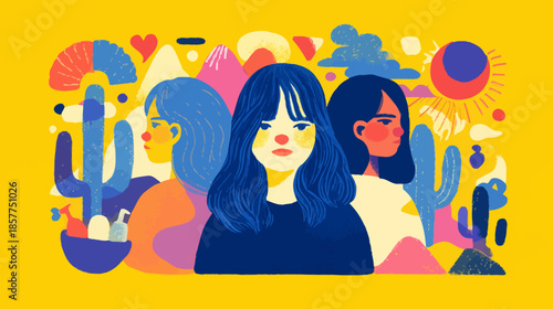 Vibrant flat design illustration of diverse women, representing sisterhood and female empowerment amidst abstract nature elements