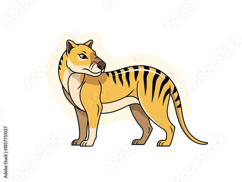 A cartoon illustration of an extinct thylacine, also known as a Tasmanian tiger, standing and looking back.