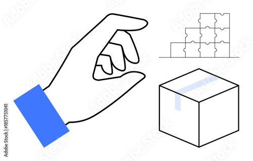 Assembly visual. A hand assembly and precision with a box and puzzle pieces. Assembly in business, product logistics, teamwork, packaging, and problem-solving concepts