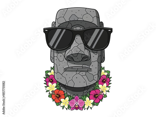 Cool Moai statue wearing sunglasses and a vibrant flower lei, cartoon illustration.