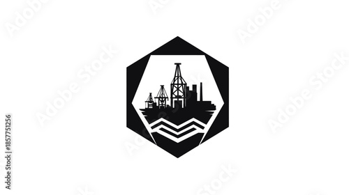 Black and white industrial production facility silhouette within a hexagonal graphic emblem, representing energy, manufacturing, and development.