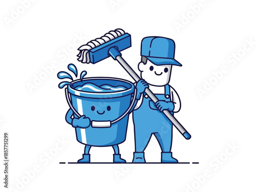 A cheerful cartoon illustration of a cleaner holding a mop and a bucket of water.
