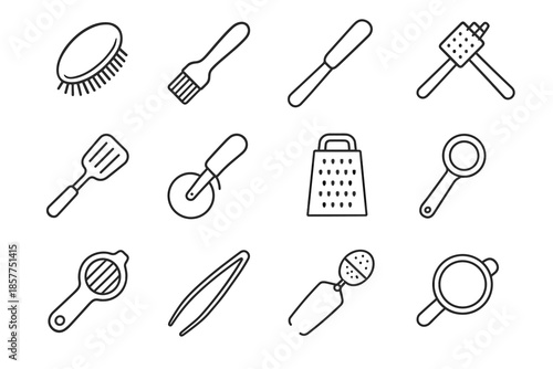 Yolk icon tomato veggie flipper pancake prep grater essential brush food vector