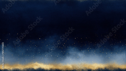 Abstract deep navy watercolor ombre with rich golden shimmer and starry texture forming a luxurious night sky background for premium and festive design