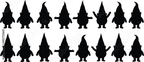 Cute gnome silhouettes collection, fantasy dwarf characters poses set isolated on white background, fairy tale vector illustration design pack